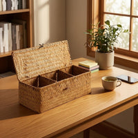 Divided Straw Organizer Three Compartments Woven Basket Rectangular