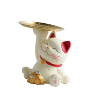 Welcoming Cat Statue Candy Dish Decorative Cat Figurine with Tray Tabletop Fortune Figurine for Reception Desk, Entryway, Coffee Table