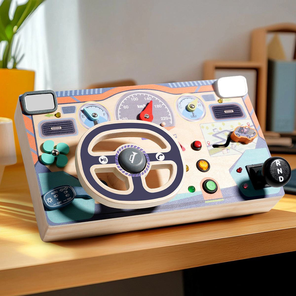 Montessori Wooden Steering Wheel Busy Board Toy for Toddlers, Simulated Driving, Gray