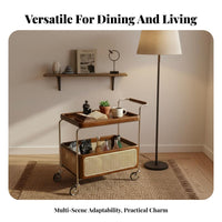 Solid Wood Construction Wabi-Sabi Design Utility Cart Locking Wheels 2-Tier Rolling Bar Cart Multi-Functional Wooden Tea Trolley with Rattan Basket for Interior Design Enthusiasts, Homeowners, Apartment Dwellers, Hotel, Living Room, Kitchen, Bedroom