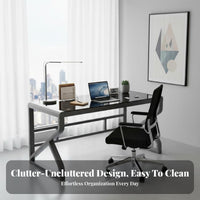 Reinforced Glass Computer Desk Wide Tabletop Metal Frame Office Desk Easy to Clean Modern Glass Top Workstation for Users, Adults, Study Room, Bedroom