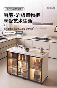 Movable Kitchen Storage Cabinet with Sintered Stone Top, Multi-layer Sideboard for Living Room
