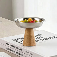 Stainless Steel Fruit Bowl with Wooden Base