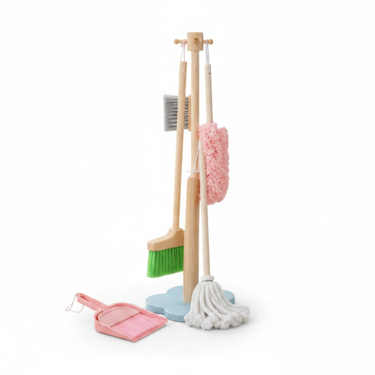 6 Pieces Storage Stand Pretend Cleaning Set Bristled Heads Wooden Cleaning Toy Set Role-Play Early Learning