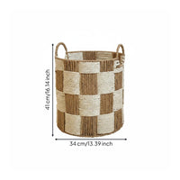 Woven Laundry Hamper Handwoven Round Blanket Basket Sturdy Handles Checkered Storage Bin for Living Room