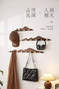 Creative Wooden Wall Hook Rail with Adhesive Strips, No Drilling, for Bags and Hats, 4 Hooks