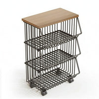Kitchen Storage Cart with Wood Top Floor-Standing Rolling Cart with Wire Baskets Modern for Apartment
