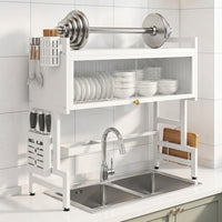 Over Sink Shelf Dish Rack, 2 Tier Carbon Steel Kitchen Sink Organiser and Drainer, Modern Design Aesthetic Saving Kitchen Tool