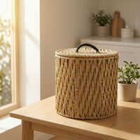 Paper Rope Basket with Lid Round Woven Basket with Lid Textured for Bathroom