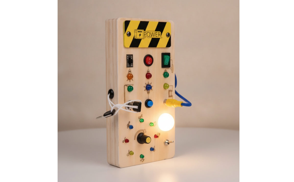 Wooden Busy Board with LED Lights Hands-on Wooden Busy Board Sensory for Young Children, Preschoolers, Travel, Home, Preschool