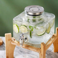 Glass Water Dispenser with Metal Stand, Square Juice Dispenser with Tap, Light Luxury Style Drink Dispenser for Party and Kitchen Cold Water Use