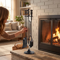 4 Pieces All Black Fireplace Tool Set with Stand Solid Fireplace Tool Set with Fire Iron Sturdy Hardware Heavy Duty for Homeowners, Hearth, Wood Wood-Burning Appliance