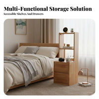 Nightstand with Drawers Narrow Bedside Shelf Unit Rubberwood Construction with Two Shelves and Storage Drawers Suitable for Bedroom Office Hallway Parents Room