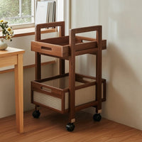 Rolling Cart with Rattan Basket Wood-Toned End Table with Wheels Sturdy