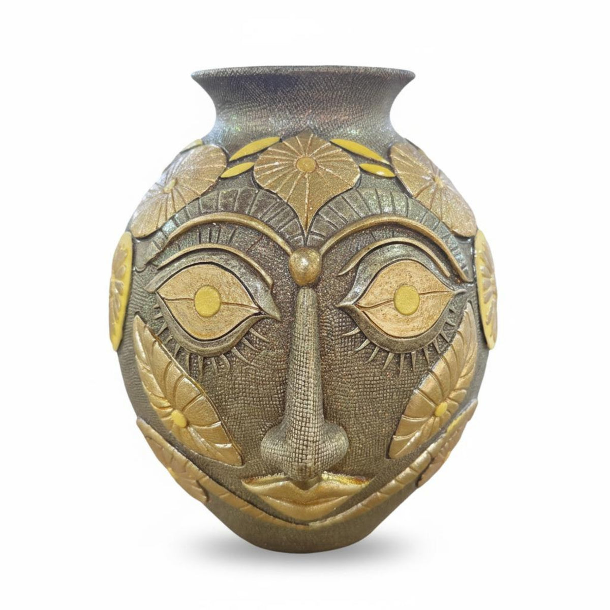 Abstract Face Vase Floral Leaf Patterns Face Relief Vase Flared Opening House Decoration