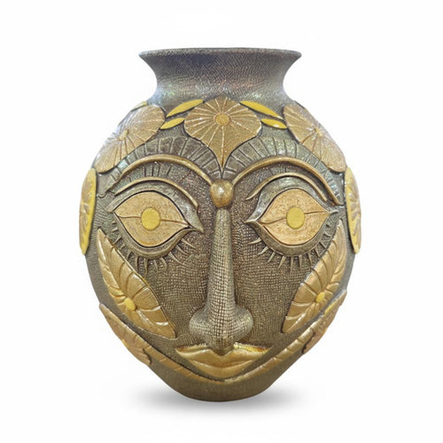 Abstract Face Vase Floral Leaf Patterns Face Relief Vase Flared Opening House Decoration