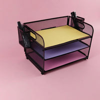 3 Tier Metal Mesh File Organizer with Pen Holder, Wire Desk Storage Rack for Office, Vertical Tray for Students Workspace