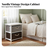 Narrow Bedside Storage Cabinet Woven Baskets Solid Wood Frame Drawer Unit Rope Handles Nightstand End Table for Bedroom, Hallway