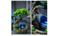 Rockery-Style Desktop Fountain with Waterwheel Illuminated Fountain with Artificial Plant Stone-Textured Decorative for Office Desk, Living Room