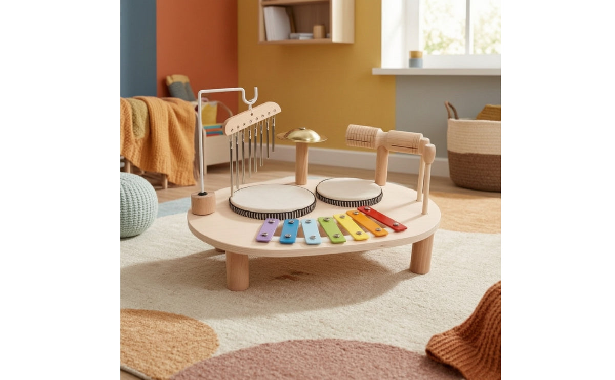Wooden Music Station Tabletop Percussion Board Sensory Toy with Wind Chimes Educational for Toddlers, Kids, Playroom, Nursery