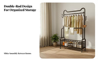 Large Capacity Rolling Clothes Rack with Wheels Stable & Sturdy Rolling Clothes Rack Space Saving Double Rod Garment Stand with Basket Easy Assembly for Homeowners, Families, Bedroom, Laundry Room, Entryway, Walk-in Closet