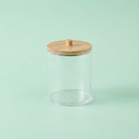 Swab Holder with Bamboo Lid, Transparent Cosmetic Storage Box, Bathroom Vanity Organizer for Makeup, Round Desktop Container