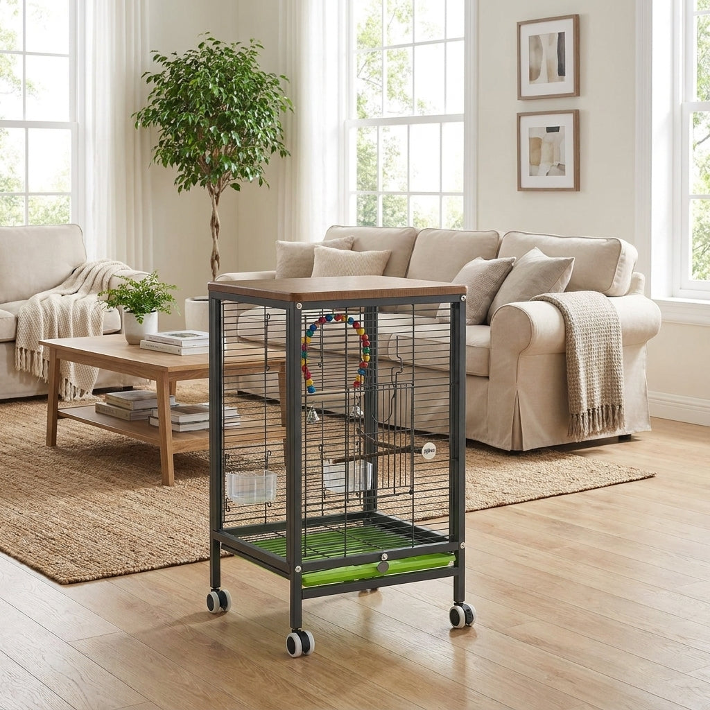 Parrot Cage and Cockatiel Cage with Wheels, Rectangular Myna Bird Cage and Bird Carrier with Pull-Out Tray, Portable Rolling Stand for Budgies