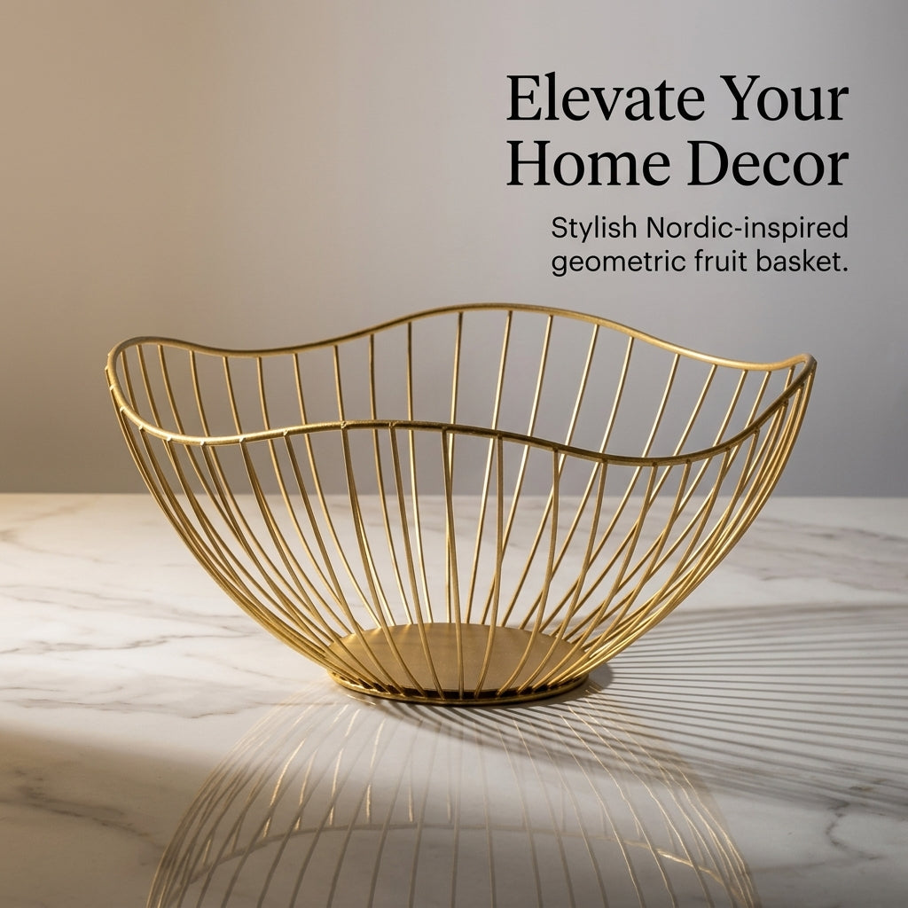 Fruit Bowl with Geometric Lotus Leaf Design for Dining Table, Metal Storage Basket for Kitchens, Iron Wire for Home