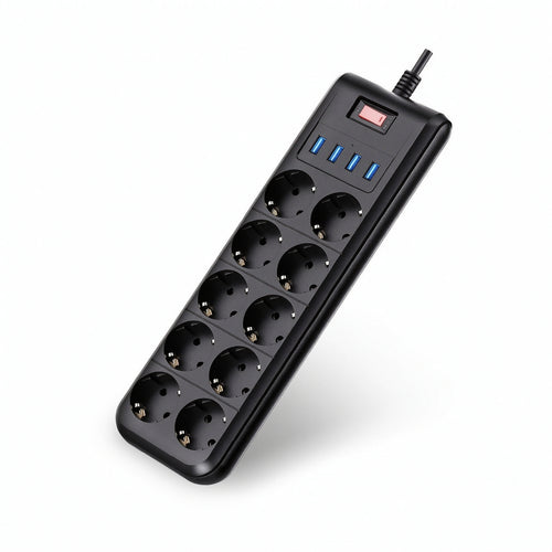 10-Way Desktop Power Strip with USB Overload Protection Power Strip with USB Ports Compact Multi-Plug Outlet with Switch Space-Saving for Office, Dorm Room