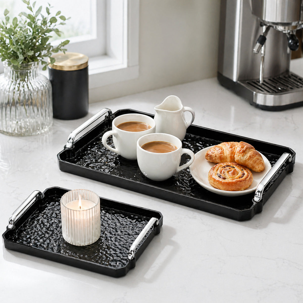 Black Hammered Texture Rectangular Serving Tray with Handles
