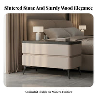 Sintered Stone Top Nightstand Solid Wood Construction Modern Nightstand with Drawers Scratch Resistant Leather Wrapped Bedside Table for Adults, Hotel