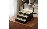 PU Leather Eyewear Storage Box Large Capacity Leather Eyewear Display Case 3-Tier Glasses Display Case Clear View Lid for Women