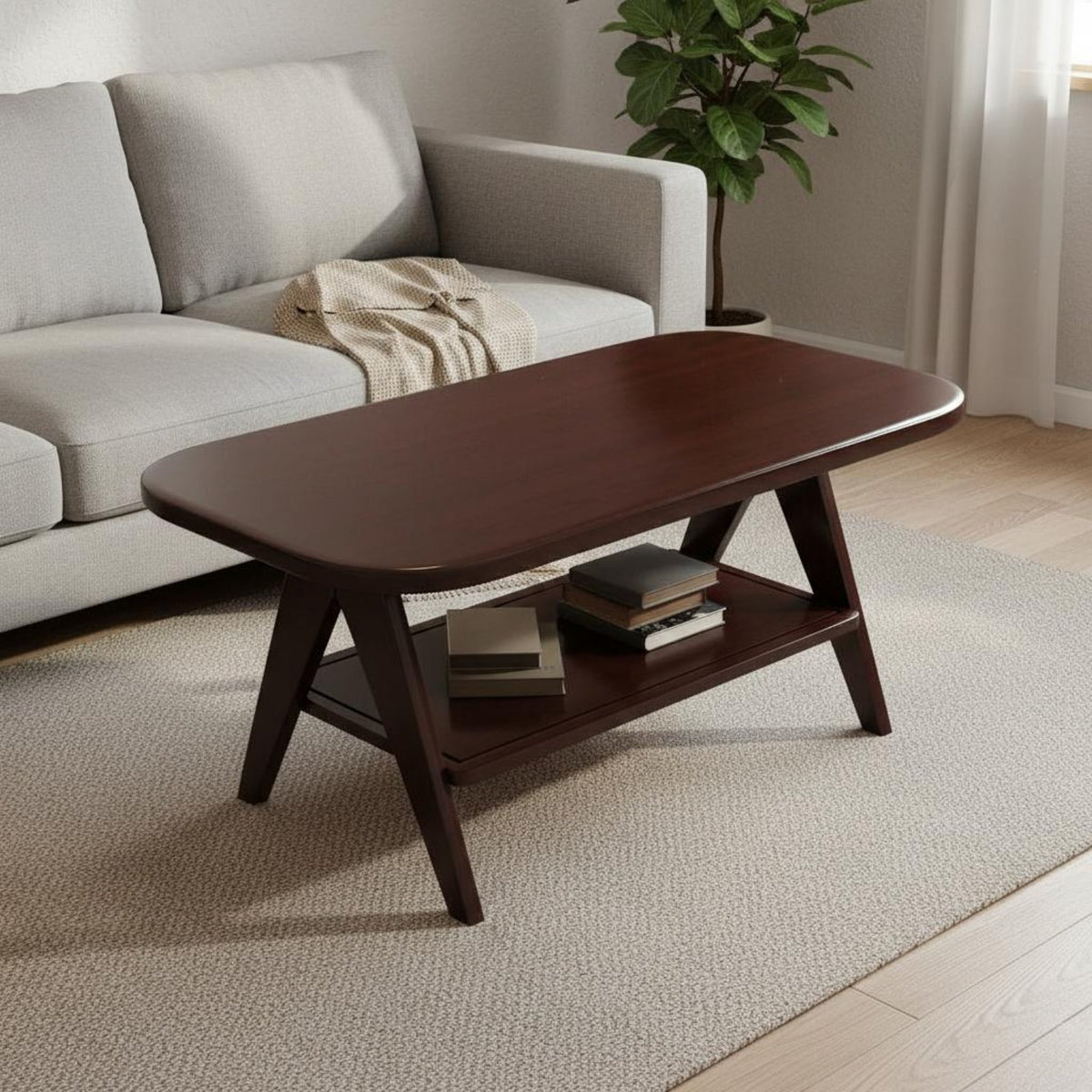 Elliptical Coffee Table Solid Wood Storage Drawers Oval Shape V-shaped Legs Space-saving Suitable for Families Living Room
