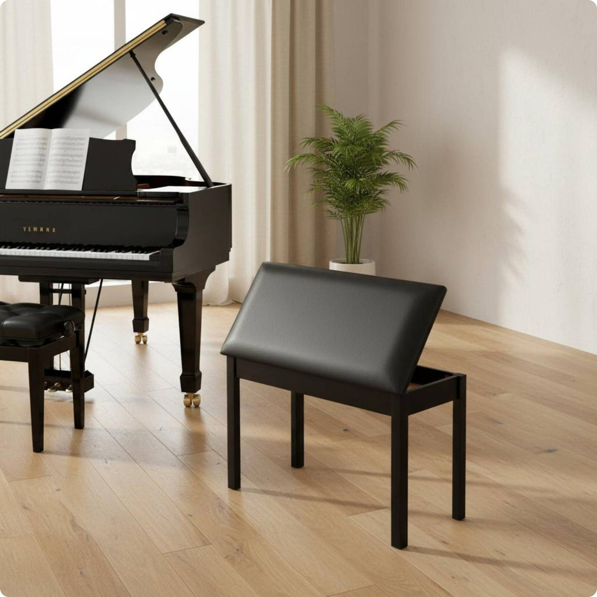 Padded Piano Stool Square Legs Piano Stool Dark Wood Tone Finish