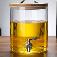 Beverage Dispenser with Wood Stand and Lid, Glass Juice Dispenser for Parties, Large Capacity Iced Tea and Lemonade Dispenser Kitchen Outdoor Use