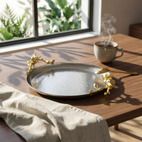 Round Tray with Floral Accents Gold-Toned Round Serving Tray Textured for Home Stylists, Hosts, Coffee Table, Vanity