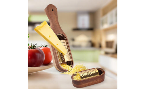 Cheese Grater with Container Rust-Proof Acacia Wood Cheese Shredder Hanging Hole