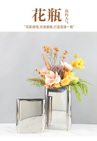 现代极简银色镜面金属花瓶摆件直筒插花器客厅餐厅酒店家居装饰品