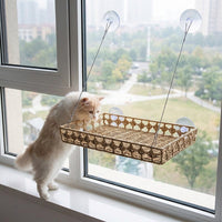 Cat Hammock Window Cat Perch, Handwoven Rattan Cat Bed with Strong Suction Cup Mount, Folding Storage for Sunbathing Indoor Use, Up to 15kg