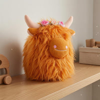 Orange Shaggy Stuffed Cow Faux Fiber Highland Cow Stuffed Farm Animal Plushie Embroidered Floral