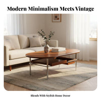 Oval Stand with Sliding Tray Modern Minimalist Tea Table Medieval Design Ample Storage for Homeowners, Renters