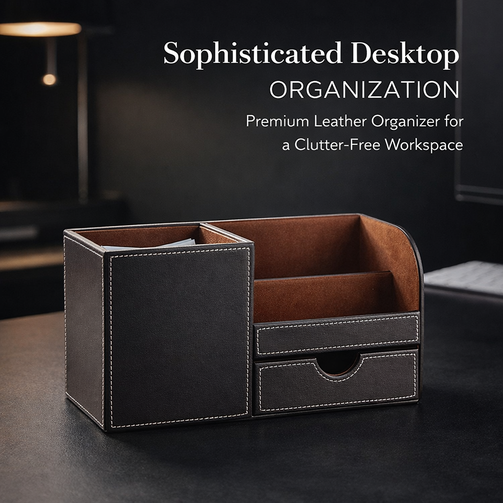 Office Organizer Desk Pen Holder with Compartments, Rectangular Faux Leather Organizers and Accessories, Workspace Organization for Professionals
