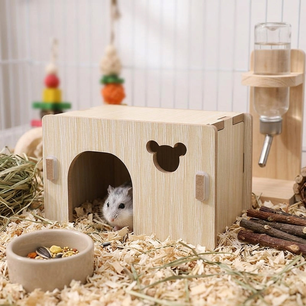 Solid Wood Hamster House, Single Room Wooden Hideaway with Round Hole Entrance, Syrian Dwarf Habitats Decor, Small Animal Resting Hut, 141 Chars