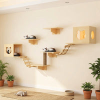 Cat Climbing Frame with House and Pad, Wood Wall Mounted Playground, Indoor Steps and Bridge, Simple Style Perch for Playing