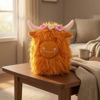Orange Shaggy Stuffed Cow Faux Fiber Highland Cow Stuffed Farm Animal Plushie Embroidered Floral