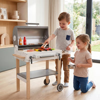 Wooden Play Grill Cart Rolling Kids Grill Playset Compact Pretend Play Barbecue for Young Children