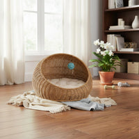 Rattan Design Feline Bed Moisture Resistant Round Pet Sleeping Bowl Soft Pad