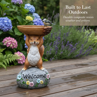 Outdoor Garden Squirrel Bird Feeder Statue with Solar Light, Resin Animal Sculpture for Patio and Yard Decor