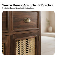 Rattan Door Console Modern Chinese Design Accent Cabinet with Woven-Panel Doors Vintage Aesthetic Multi-Functional for Entryway