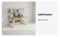 Solid Wood Desktop Study Table with Bookshelf Space Saving Design Home Office Desk with Storage Shelves Multi-Functional Modern Design for Telecommuting Workers, Teenagers, Professionals, Small Areas, Bedroom, Dorm Room
